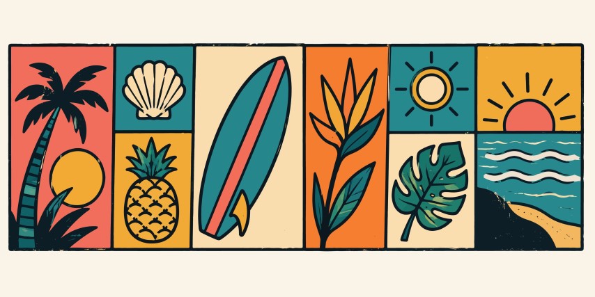 Summer beach theme icons panel.